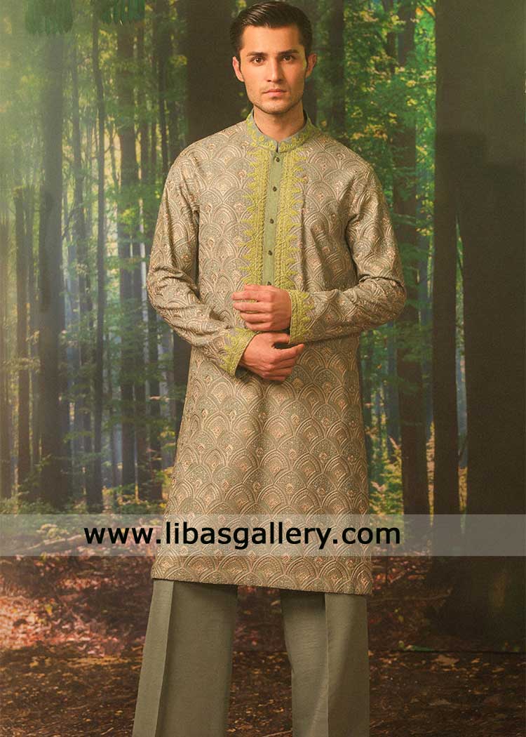 Teal Grey kurta with green embroidery for groom